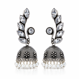 Pendientes Jhumka de Estilo Bohemio en Latón Plateado con Circonitas Corte Marquesa y Perlas de Imitación para Mujer, Ideales para Bodas - Product Image 1