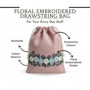 Best Quality Floral Pink Embroidered <b>Drawstring</b> <b>Bag</b> For Women Travel Storage And Daily Use Available At Best Market Price - Product Image 3