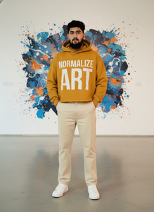 Mustard <b>Men's</b> Oversized Hoodie 100% Cotton French Terry Casual Hooded Sweatshirt Autumn Style White Print Front Logo - Product Image 5