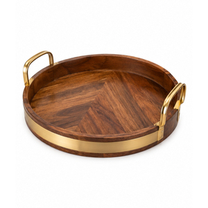 Bandeja Redonda de Madera Hecha a Mano con Asas de Metal Dorado, Plato de Madera de Acacia para Exhibición en Restaurantes, Precio Más Bajo - Product Image 1