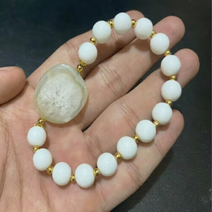 White Crystal Stone <b>Bracelet</b> With Raw Stone Center Polished Beads Gold Accents Art Collectible Jewelry - Product Image 1
