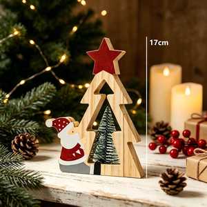 Árbol de Navidad de madera y decoraciones de estrellas con figuras de Papá Noel, adornos festivos de mesa, decoración festiva rústica - Product Image 2