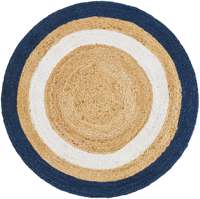 Tapis rond en jute tressé fait main, bleu marine avec bordure blanche, écologique, style farmhouse bohème pour salon