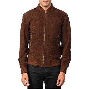 Chaqueta Bomber de Gamuza de Piel de Oveja Marrón Premium con Forro de Poliéster Suave, Cierre de Cremallera, Cuello Varsity y Puños de Punto Acanalado - Product Image 1
