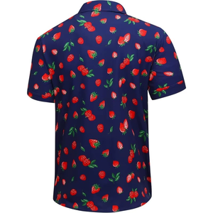 เสื้อฮาวายลายสตรอว์เบอร์รีแบบยูนิเซ็กซ์ แขนสั้น ติดกระดุม สไตล์ลำลอง สำหรับผู้ชาย เหมาะสำหรับใส่ไปเที่ยวชายหาดในฤดูร้อน - Product Image 2