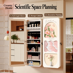 Gabinete de Maquillaje de Acero para Montar en la Pared con Espejo de Cuerpo Entero, Múltiples Estantes y Puerta con Diseño Floral, Organizador de Cosméticos para Dormitorio - Product Image 2
