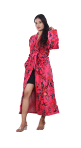 Kimono de Terciopelo Talla Grande con Estampado de Pájaros Rosados, Bata de Novia Ecológica Informal para Mujer, Bata de Novia de Algodón y Terciopelo - Product Image 1