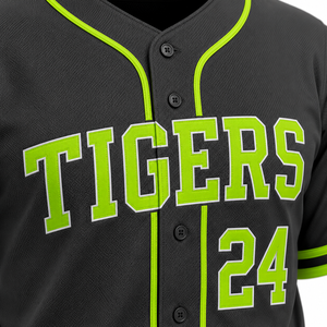 Ensemble uniforme de baseball Tigers noir avec accents vert fluo, maillot et pantalon sublimés, évacuation de l'humidité, coupe athlétique pour homme adulte - Product Image 6