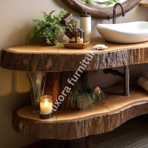 Lujoso Lavabo de Madera Maciza Artesanal Moderno y Ecológico con Espejo Incluido y Diseño Artístico de Corteza de Árbol - Product Image 4