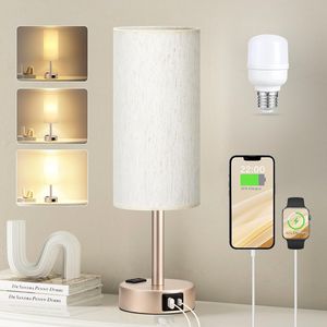 3 Way Dimmable Gold Base <b>Bedside</b> <b>Table</b> Lamp for Bedroom USB C Charging Ports AC Outlet Small Lamp with Flaxe Design - Product Image 4