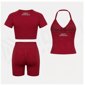 North Approach 2 Piece Yoga Set Solid <b>Red</b> <b>Crop</b> <b>Top</b> High Waist Shorts Breathable Spandex Polyester Seamless Design - Product Image 2