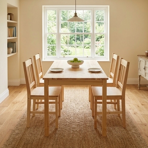 Ensemble de table à manger en teck massif avec 6 chaises à dossier à lattes, table rectangulaire, mobilier de cuisine moderne minimaliste, finition chêne naturel - Product Image 3