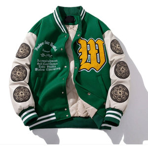 Chaqueta Varsity Vintage para Hombre y Mujer, Abrigo de Béisbol de Invierno con Bordado de Letras, Mangas de Cuero, Estilo Casual de Lana, Color Verde - Product Image 1