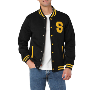 <b>Men's</b> Black <b>Varsity</b> <b>Jacket</b> With Yellow Trim Turn-down Collar Zipper Closure Preppy Style Regular Fit Autumn Wear - Product Image 3