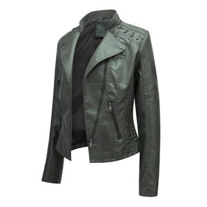 Chaqueta de Moto de Cuero PU para Mujer, Cuello Alto, Manga Larga, Cierre de Cremallera, Resistente al Viento, Color Sólido, Largo Regular, Otoño - Product Image 1