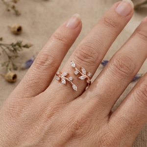 Rose Gold Leaf Moissanite Open <b>Ring</b> Nature Inspired Adjustable Vine <b>Ring</b> Minimalist Women Jewelry - Product Image 3