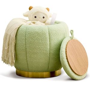 Modern Round Floral Storage Ottoman Soft Padded Teddy Velvet Footstool with Accent Small Table Plant Stand - Product Image 1