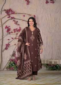 Conjunto de Traje de Algodón Color Chocolate de 60x60 cm para Mujer, con Kurta Elegante, Pantalón y Dupatta Suave - Product Image 2