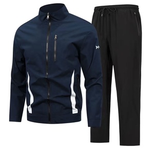 <b>Men's</b> <b>Navy</b> Blue Polyester Tracksuit Full Sleeve Hooded Zipper Sporty <b>Jogger</b> Set Regular Fit Solid Color Winter Windproof - Product Image 1