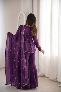 Kurti Sharara de seda bordado para mujer, largo hasta el tobillo, para bodas, Diwali, fiestas, con dupatta, ropa india y pakistaní TENNECY - Product Image 3