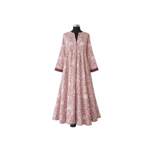 เดรสยาวพิมพ์ลายดอกไม้แบบแฮนด์บล็อก คอวี ติดกระดุม สไตล์กัลลี พร้อมขอบผ้าฝ้าย ระบายอากาศได้ดี ชุดลำลองสำหรับผู้หญิง ผลงานชิ้นเอก - Product Image 1