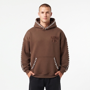 Sudadera con capucha marrón para hombre, con logotipo bordado con pedrería personalizado, corte holgado, hombros caídos, ropa informal, ropa de invierno - Product Image 4