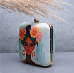 Fashion Floral Girl Portrait Clutch Light Blue Metal <b>Frame</b> Hard Case Satin Fabric Outer Raw Silk Inner Decorative Lock - Product Image 3