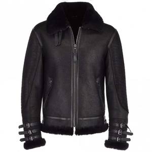 Veste bomber noire pour homme, style B3, avec trois boucles aux poignets, manteau d'hiver en peau de mouton véritable, doublure en polaire chaude, veste d'aviateur - Product Image 1