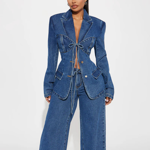 Blazer en jean pour femme, style corset, avec ceinture à nouer sur le devant, coupe ajustée, effet délavé, collection automne, personnalisable OEM ODM, streetwear haut de gamme, vêtement d'extérieur - Product Image 1