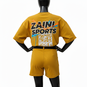 Ensemble T-shirt et short pour femme en jersey de coton de haute qualité 180 GSM, toucher doux, couleur moutarde, logo imprimé, ensembles pour femmes - Product Image 2