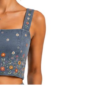 Customized Slate Blue Women Embroidered Crop Top and Skirt <b>Set</b> Floral Summer Two Piece Outfit Custom Logo OEM Wholesale Apparel - Product Image 4