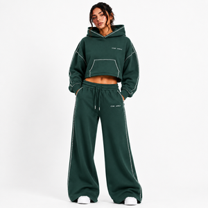 Ensemble de survêtement ONE APEX pour femme, vert émeraude, avec bordure en strass, coupe courte, pantalon large, streetwear, 100% coton - Product Image 1