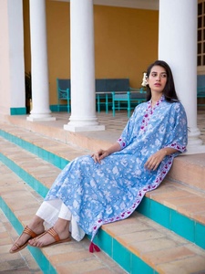 Vestido de caftán rosa azul claro hecho a mano hermoso largo holgado de algodón ligero estampado hasta el suelo natural para el verano - Product Image 4