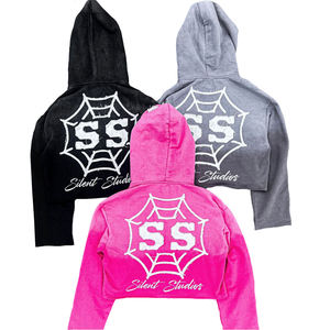Sudadera con capucha unisex de algodón 100% con cremallera, estilo hip hop, streetwear, con pedrería, lavado ácido personalizado, bordado desgastado, 320 g/m² - Product Image 6