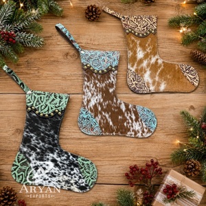 Hot Selling Product 2026 Occasion <b>Christmas</b> Small <b>Stocking</b> Genuine Cowhide Leather Use Floral Embossed Brown <b>Christmas</b> <b>Stocking</b> - Product Image 1