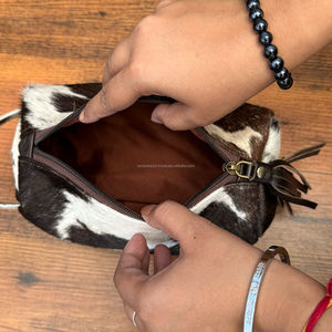 Multifunctional Large Capacity Hair on Cowhide Leather Turquois Tassel Toiletry Bag <b>Makeup</b> Cosmetic <b>Storage</b> Travel Organizer Box - Product Image 6