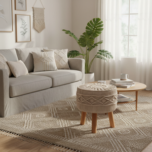 Cotton Round Luxurious Handmade Macrame Covered <b>Ottoman</b> <b>Stool</b> with Wooden Legs Boho Footrest Pouf for Living Room Hotel Cafe - Product Image 6