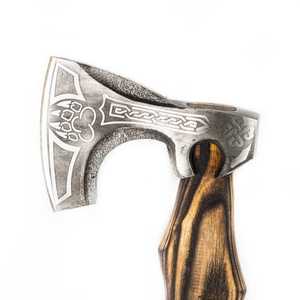 Hache de chasse et de camping en acier carbone avec manche en bois de frêne, lames en acier carbone faites à la main, haches vikings, avec manche enveloppé de cuir noir - Product Image 2