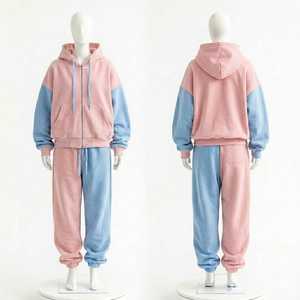 Unisex <b>Pink</b> Blue Color Blocking Hooded <b>Tracksuit</b> <b>Set</b> Full Length Fleece Casual Wear Zipper Closure Side Pockets Autumn Style - Product Image 1