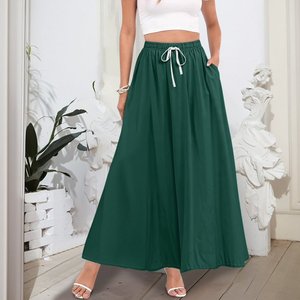 Women Green Solid Color High <b>Elastic</b> <b>Waist</b> A-Line Floor-Length <b>Skirt</b> <b>with</b> Drawstring Casual Wear All Seasons 100% Polyester - Product Image 4