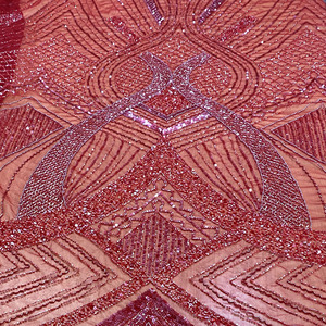 Red Knitted Eco-Friendly Luxury Beaded Embroidered Bridal Fabric with Pearls <b>Sequins</b> Lace <b>Materials</b> Wedding Party Wear Dress - Product Image 1