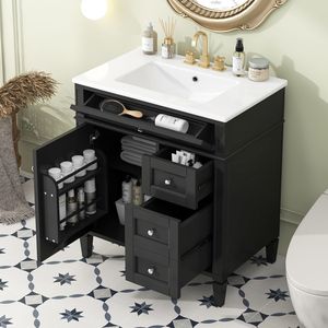 Modern 30\" <b>Bathroom</b> <b>Vanity</b> with Top Sink 2 Drawers and Tip Drawer Single Sink <b>Bathroom</b> <b>Vanity</b> Storage Cabinet - Product Image 1
