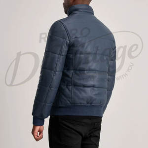 Chaqueta de Cuero Azul Marino Premium para Hombre, Ajustada, con Cuello Alto, Acolchada, de Invierno, Chaqueta Bomber de Cuero Sintético - Product Image 2