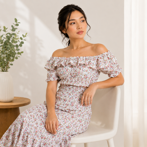 Women's Shoulder Short Sleeve Floral Print Discharge Printed Cotton Dress Ruffled Neckline Full Length Prairie Chic Spring - Product Image 2