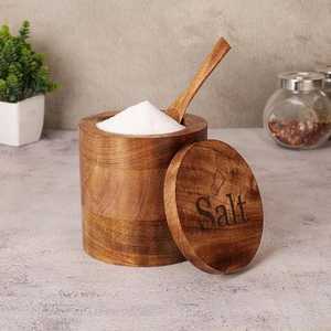 Salière en bois naturel, étanche, compatible lave-vaisselle, avec couvercle pivotant, accessoire de cuisine fait main pour le stockage de sel et d'épices gastronomiques - Product Image 1