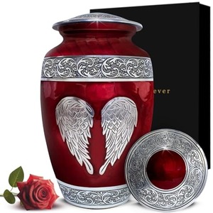 Urne funéraire rouge avec motif d'ailes d'ange blanches, récipient commémoratif pour cendres humaines adultes, urne funéraire avec sac en velours gratuit - Product Image 2