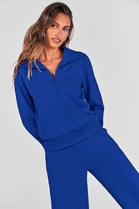 Ensemble de sweat-shirts bleus à col zippé, manches longues, tricotés, couleur unie, coupe ample, décontractés, pour l'automne, unisexe, avec poche et col en V - Product Image 6