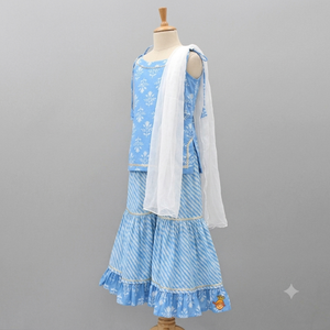 Indian Handmade Fancy Casual Cotton Leopard Floral Print Kids Girls Glitter Hand Drawn Work Stylish Light Blue Color Shrara Set - Product Image 3