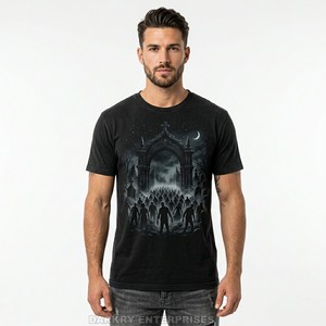Camiseta Negra Personalizada para Hombre, Diseño Gráfico Gótico de Cementerio y Zombis, Estilo Urbano, Impresión de Alta Densidad, Algodón - Product Image 1