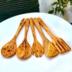 Ensemble d'ustensiles de cuisine en bois d'olivier |   Cuillère à riz |   Cuillère |   Spatule |   Fourchette |   Spatule à fentes - Product Image 1